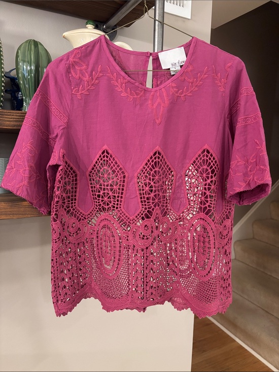 Chloe Oliver Tops - Anthropologie Chloe Oliver Pink Embroidered Crochet Lace Top S Modified Sleeve